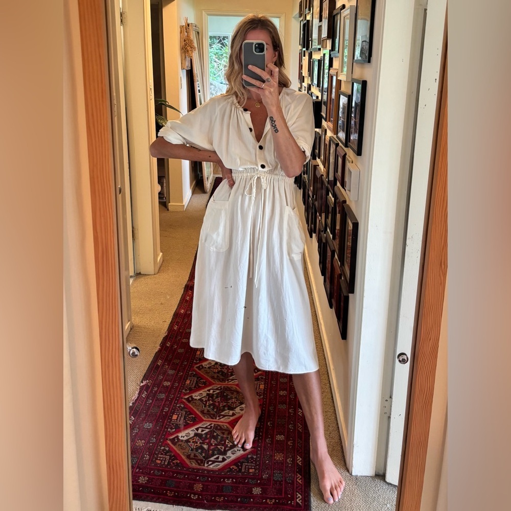 Zara Ecru Off White Cream Button Up Down Drawstring Pocket Linen Midi Dress - Picture 4 of 13